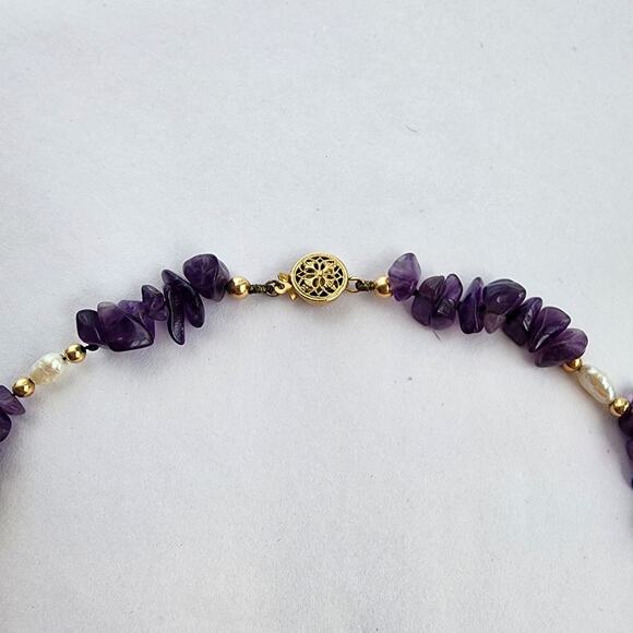 Handmade Artisan Necklace Genuine Amethyst, Pearl 14K Gold Filled February Stone - Picture 3 of 7